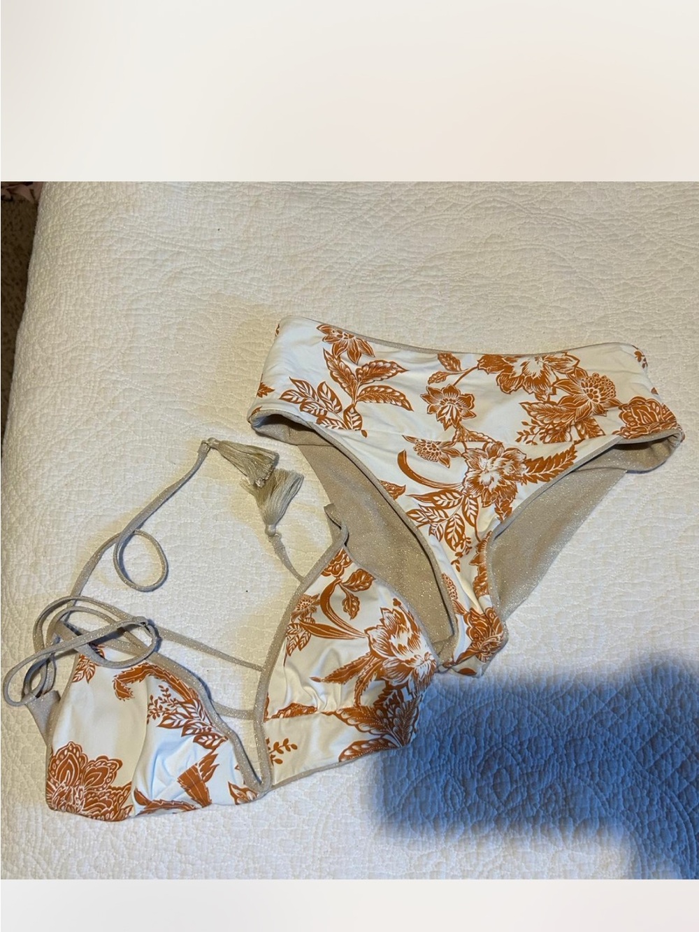 Maaji gold and White Bikini with Rust Floral Print